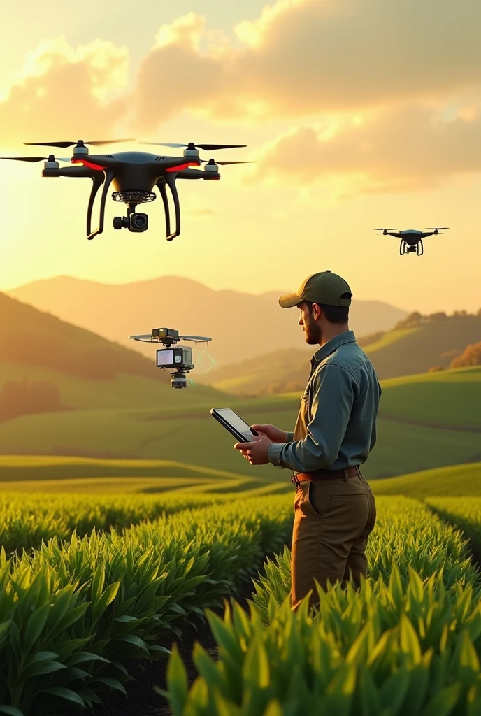 Smart farming height 27 .21cm and width 50.83 cm . It should be electronics related more realistic with an more yellowish shade give an image in specified height and width. Image should contain a human who works on field with help of drones and electronics
