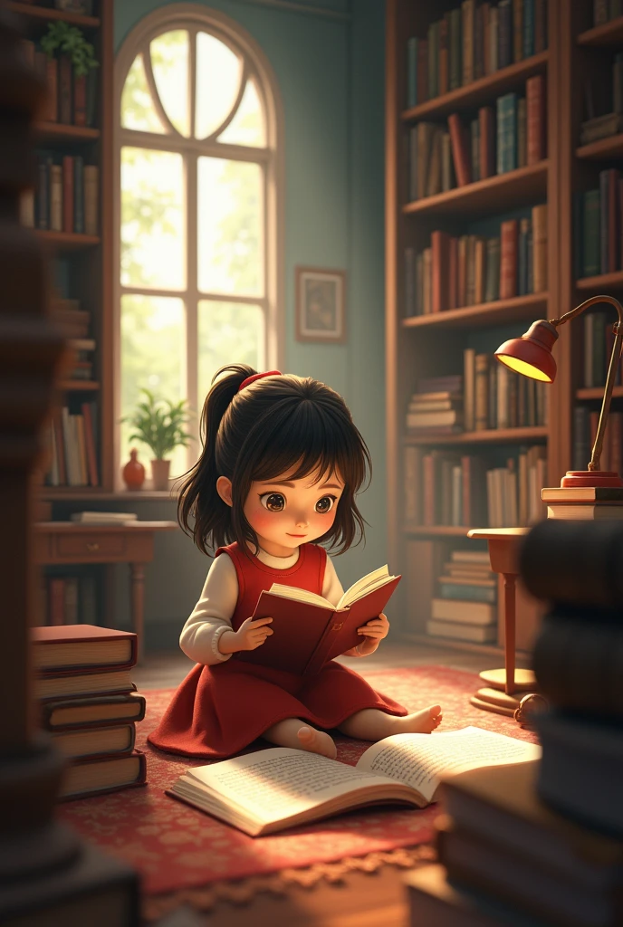 Create an animated image of a girl sitting reading a book in a library