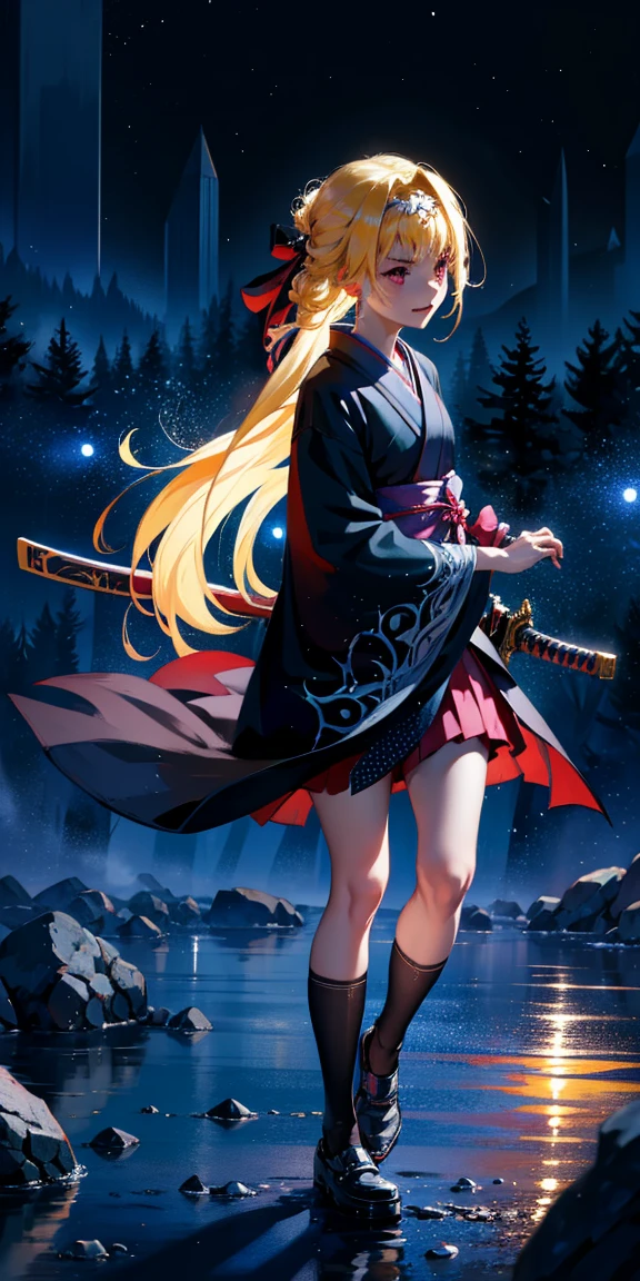 alice zuberg, uhd, 4k, textured skin, good quality, High details, masterpiece, best quality, (Amazingly absurd:1.2), (masterpiece:1.2), 1Girl, battoujutsu , evil laugh, not looking at viewer, Kimono, standing, looking in the distance, evil smirking, glowing red eyes, very long hair, shiny hair , fullbody, two colored hair, hairbow, glowing dress, black knee socks, Kawaiitech, soft colours, Kawaii, Beautiful colors, studio lighting, (darkforest:1), (Night:2),
