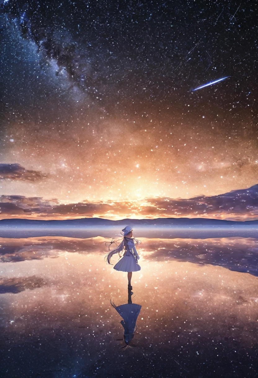 (master piece),(top-quality:1.2),(4k anime),(Uyuni Salt Flat),(standing in Salar de Uyuni),(Reflects the star sky and a lot of shooting stars),((The star sky is reflected on the water)),(very wide shot),1 girl,(solo),small breasts,white lolita fashion,((long sleeve white costume)),((white skirt)), ((full body)), ((look up)),(Highly detailed elegant), like a dream atmosphere, Hyper Detail,(many shooting stars),darkness sky,black sky,blue water,high contrast