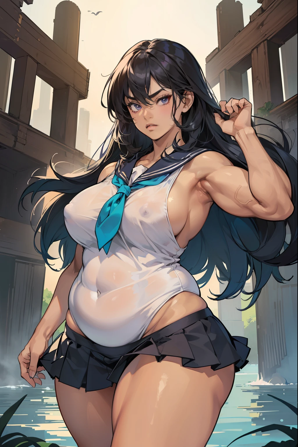 (((((A person with dark skin, Muscular))))), ((thick thighs, 非常にLarge Breasts,、Strong Body、), Black long hair, alone, Glowing Skin, it was foggy, ,Bridge pier, Bristles,Are standing、Big body women、naked,Strong Body、pubic hair,Muscular in the forest,Composition from the front,Muscular and wide hips,Muscular and wide torso,Muscularの, Widebody,thick, Muscularの腕,thick, Muscularの脚,Muscular and broad shoulders,bodybuilder,nakedの美しい女性,Large Breasts,long, saggy breasts,,Deep purple eyes,Woman with beautiful face,Expressionless,,,Strong Woman,Right in front of the viewer,,Muscular女性,Big body and broad shoulders,thick Women,naked,sexy,Stand in front,全naked,正面にAre standing女性,真っ直ぐにAre standing,Fleshy ladies,Plump woman,Chubby woman,Fat woman,Fleshy ladies,,cave,Small size sailor suit woman,School girl in uniform,,A woman wearing a miniskirt,Panties,Tank top,,,,,