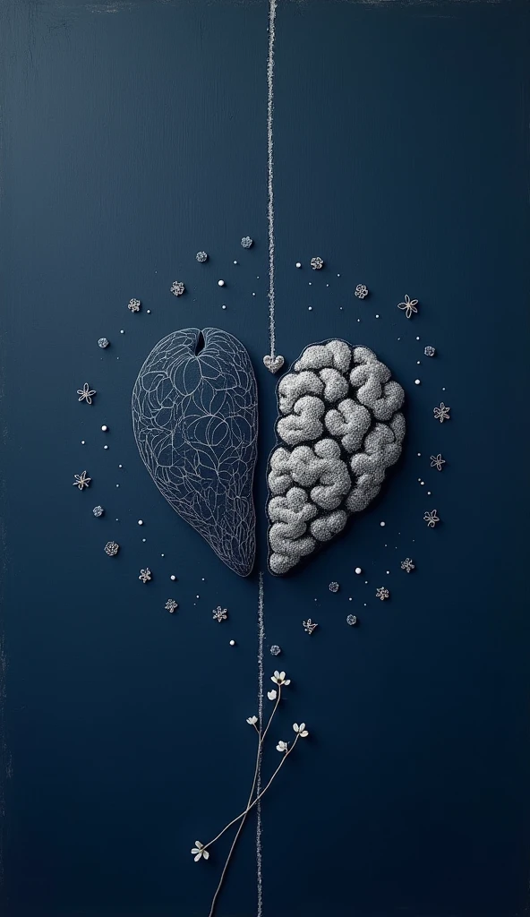 There is a small heart connect with small brain by single white colour strip in deep ancient navy blue colour canvas. Brain and heart are drawen by single thin white pencil lines. in the brain side there are small multiple stars and the heart side multiple small cozy flowers. Whole photo appear love,calm and elegence,