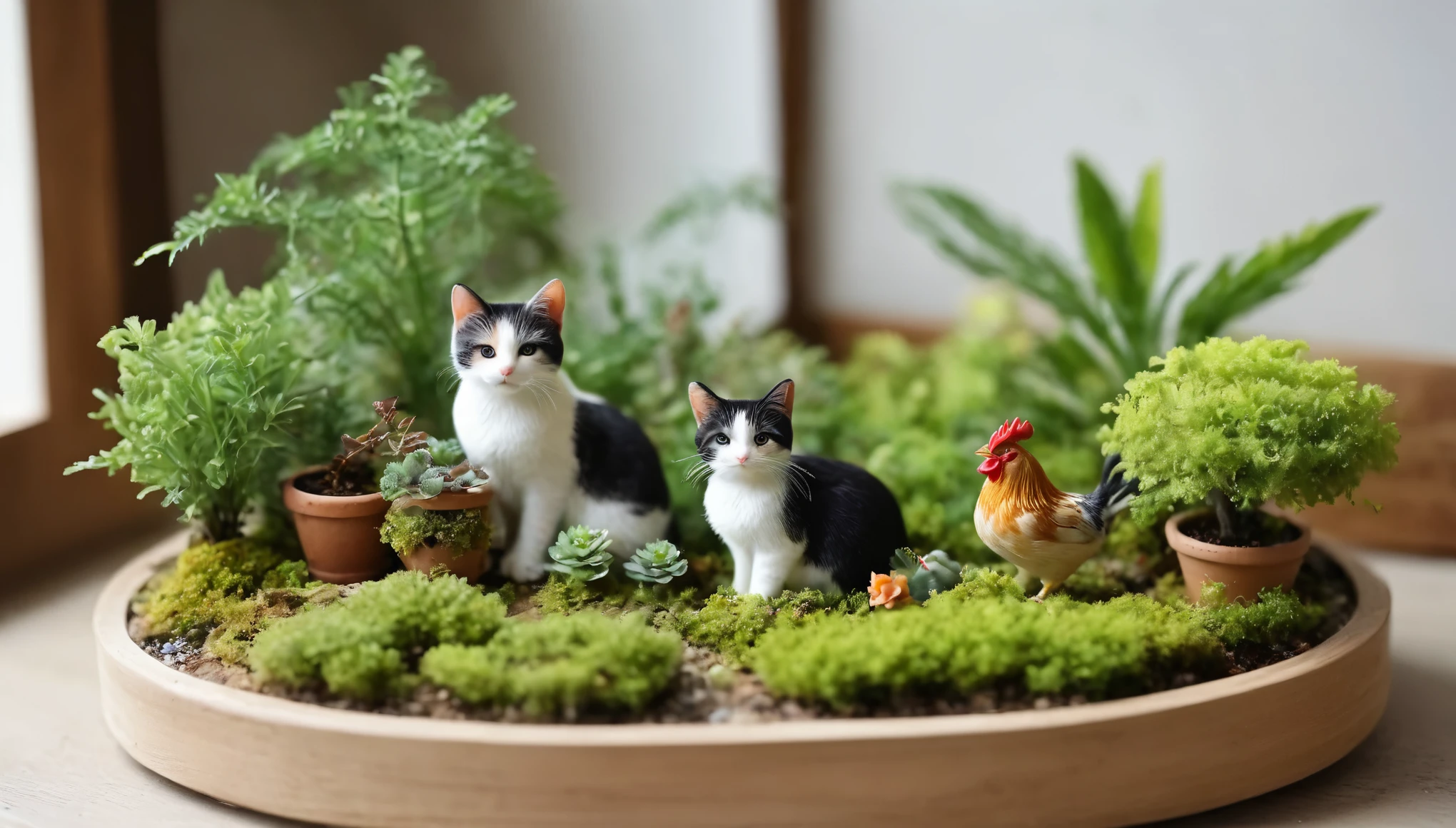 (((Ultra-realism、RAW Photos、Realistic)))、Potted plants、非常に緻密な生態系を構築するPotted plants、Miniature World、世界樹のPotted plants、神のPotted plants、Miniature moss and small flowers々、Miniature Cat、Very small cat、Miniature Chickens、Managed by Koropokkuru、Surreal、wallpaper、BREAK、Potted plantsが並ぶ、松のPotted plantsと楓のPotted plants、