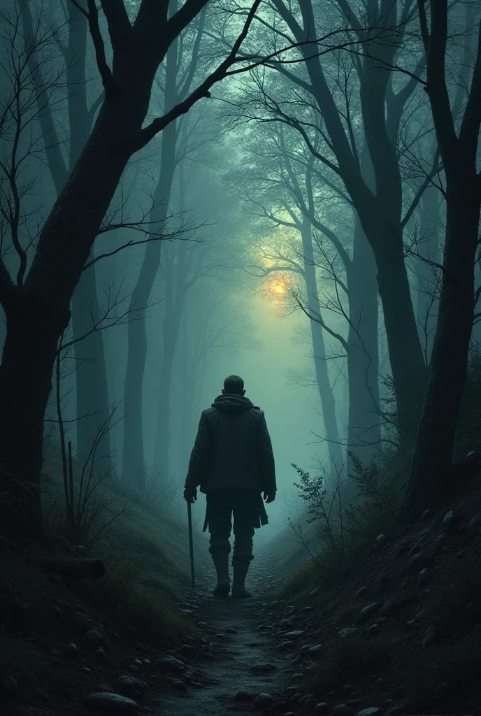 "A distant light glowing through the trees, symbolizing the man’s only hope."