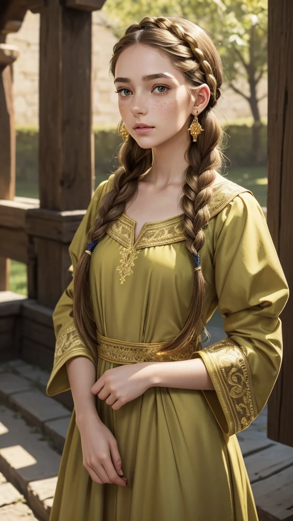 Young woman, full height. Long, oval-shaped face, thin cheeks. Small, neat mouth. Soft green eyes. Very thin eyebrows. Golden freckles on her face. Pale skin. Long, light brown hair, braided in a braid, on her head a headband of braids. Gold earrings in her ears. Dressed in a long, green dress, similar to medieval, the sleeves of the dress narrowed, closer to the hands free, the neckline is small, a lot of details on the paltier, gold embroidery.