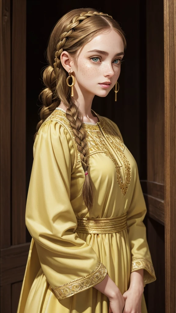 Young woman, full height. Long, oval-shaped face, thin cheeks. Small, neat mouth. Soft green eyes. Very thin eyebrows. Golden freckles on her face. Pale skin. Long, light brown hair, braided in a braid, on her head a headband of braids. Gold earrings in her ears. Dressed in a long, green dress, similar to medieval, the sleeves of the dress narrowed, closer to the hands free, the neckline is small, a lot of details on the paltier, gold embroidery.
