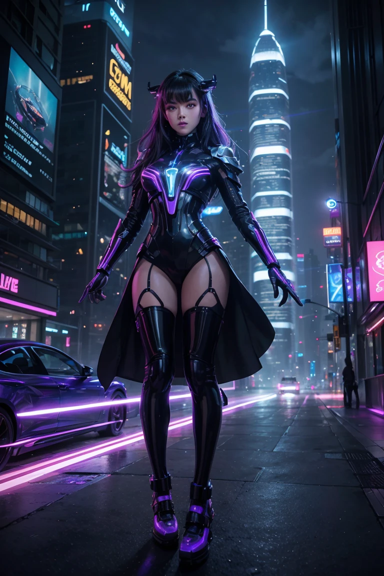 "Create a futuristic, neon-lit cityscape with sleek skyscrapers, flying cars, and holographic advertisements, set against a backdrop of a stunning galaxy with vibrant purple and blue hues. Incorporate a sense of movement and energy, with blurred lights and dynamic lines. Make sure the image is highly detailed, colorful, and visually striking.