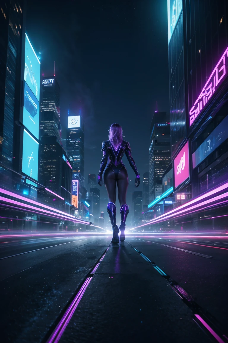 "Create a futuristic, neon-lit cityscape with sleek skyscrapers, flying cars, and holographic advertisements, set against a backdrop of a stunning galaxy with vibrant purple and blue hues. Incorporate a sense of movement and energy, with blurred lights and dynamic lines. Make sure the image is highly detailed, colorful, and visually striking.