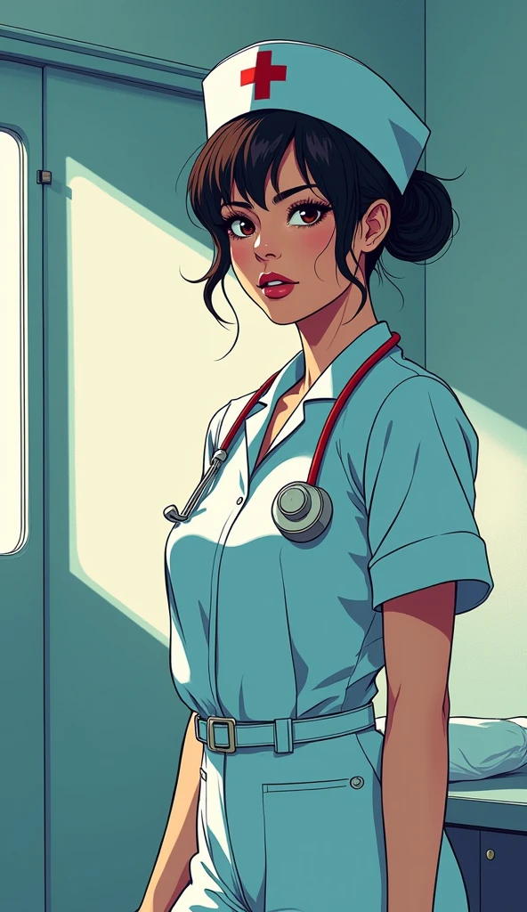 nurse, Hospital room, Special Services, Cel Shading, Bold outline, Flat Color, Sharp Shadow, Graphic Style, (Manga influence:1.3), Beautiful line drawing, Impressive visuals,comics