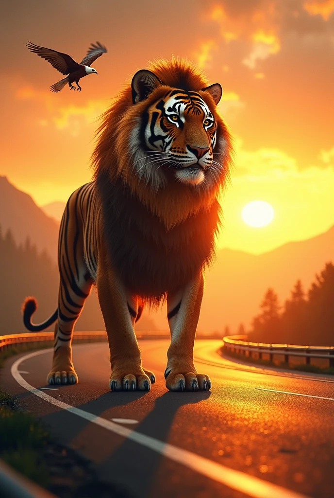Tiger and lion combination stand-up sun set high way with eagle