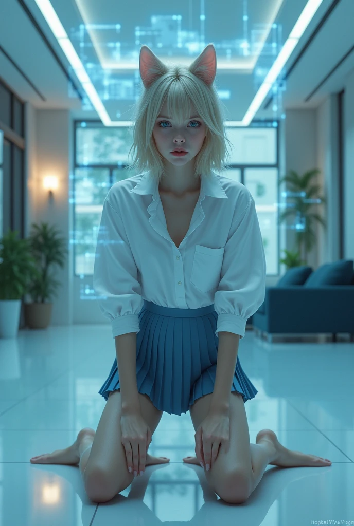 (photorealism:1.2), beautiful woman, swedish, blonde,sad, pensive, assistant, white shirt,legs apart, speading, crouching, pleated blue skirt, white underwear, 18yo, corporate lobby, white floor and ceiling, blue lighting, hologram, projection,looking at camera, short hair, cat ears, cat tail, focus on crotch, visible panties