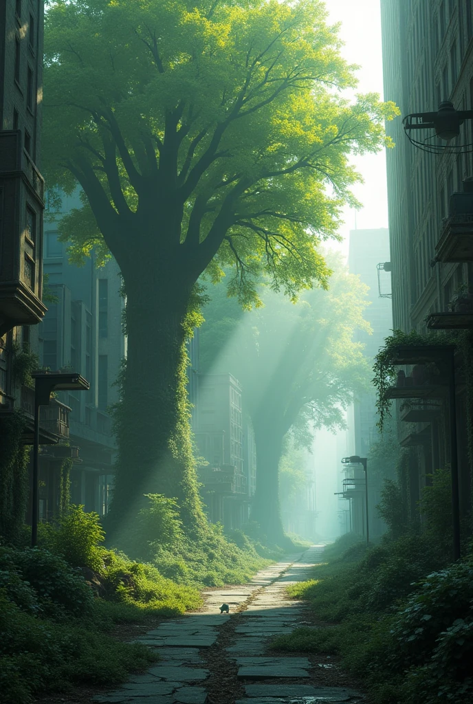 A dystopian landscape where nature is reclaiming a decaying, abandoned metropolis. Gigantic trees with glowing leaves have grown through the cracked pavement, and vines cover the remnants of ancient skyscrapers. The atmosphere is misty, with rays of sunlight piercing through the fog, creating a serene yet eerie ambiance. Small animals with bioluminescent fur can be seen scurrying through the underbrush, adding a touch of life to the desolate scene