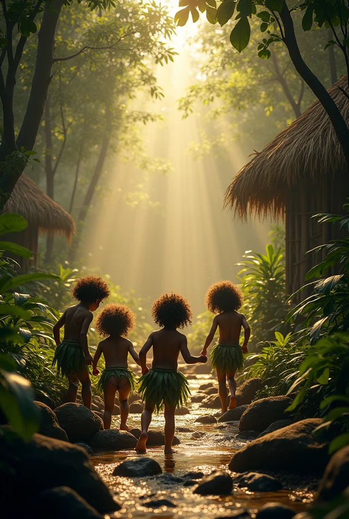 Photorealism 1.3 realistic realism high detailed high definition clear natives kids curly hairplay around hide and seek in the jungle covered wearing tree skin as a shirt with leaf dramatic cinematography cinematic view morning mode sunlight silhouette smoke effect bamboo hut leaf roof  campfire smoke only aborigines villages small river chasing tiger cub