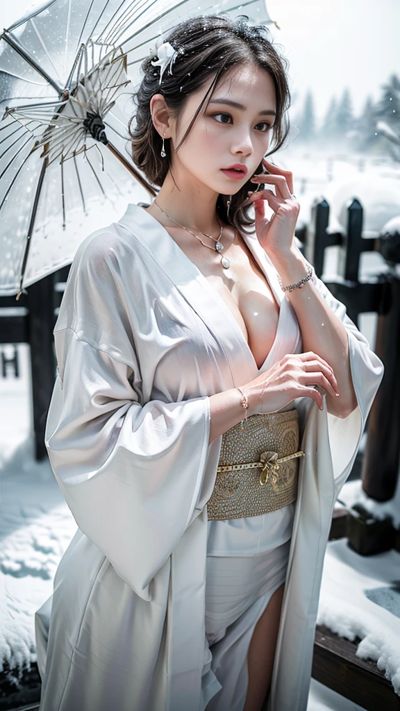 (RAW shooting, Photoreal:1.5, 8K, highest quality, masterpiece, ultra high resolution), ((((heavy snow, Blizzard)))), Highly detailed skin and facial textures:1.3, perfect dynamic composition:1.2, (In front of a shrine at night in a modern city, expression of sadness:1.0, Tears are flowing:1.0, cry with a broken heart:1.0), Slim office lady wet in the rain:1.3, cowboy shot, Fair skin:1.2, sexy beauty:1.1, perfect style:1.2, beautiful and aesthetic:1.1, very beautiful face:1.2, water droplets on the skin, (rain drips all over my body:1.2, wet body:1.2, wet hair:1.3), (Professional kimono dressing:1.1, Holding a bouquet of wet lilies:1.2, How to wear a wet pure white kimono properly:1.3), (Medium chest, Bra is transparent, Chest gap), (Eyes that feel beautiful eros:0.8, Too erotic:0.8, Bewitching:0.8), necklace, earrings, bracelet, wedding ring, Highly detailed hand and finger expressions