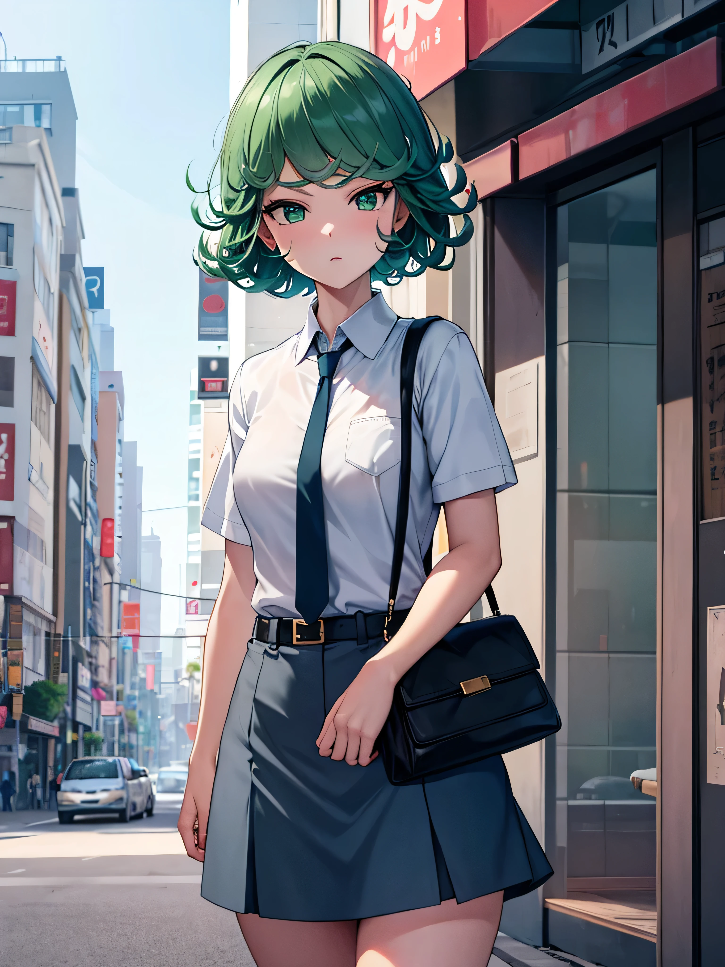(high res, 8K, masterpiece, looking at viewer, best quality, very aesthetic, ultra detailed, ultra background, ultra Eyes) intricate details, 1girl, Tatsumaki, Chibi, short sleeved white shirt, Light Blue Gray short skirt, Pockets on the left chest, Light Blue Gray tie, Wearing a belt, Black Sling bag, green short hair, green eyes, Walking on the side of the road, drinking bubble milk tea, normal face, Background City, Store, Cinematic Angle