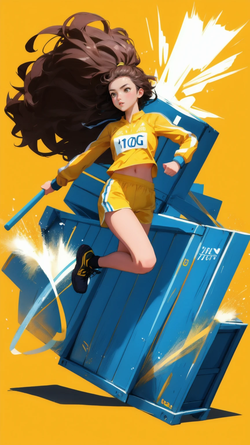 A beautiful cute girl dressed in a bright yellow athletic outfit, running energetically while holding a wooden crate labeled 'HODL.' The scene is set against a vibrant yellow background with elements representing the 'HODL Olympics,' such as abstract symbols of strength, speed, and endurance. The girl appears determined and focused, with her hair flowing behind her, in a dynamic pose that captures the spirit of competition and perseverance. The style should be colorful and energetic, inspired by modern sports illustrations.