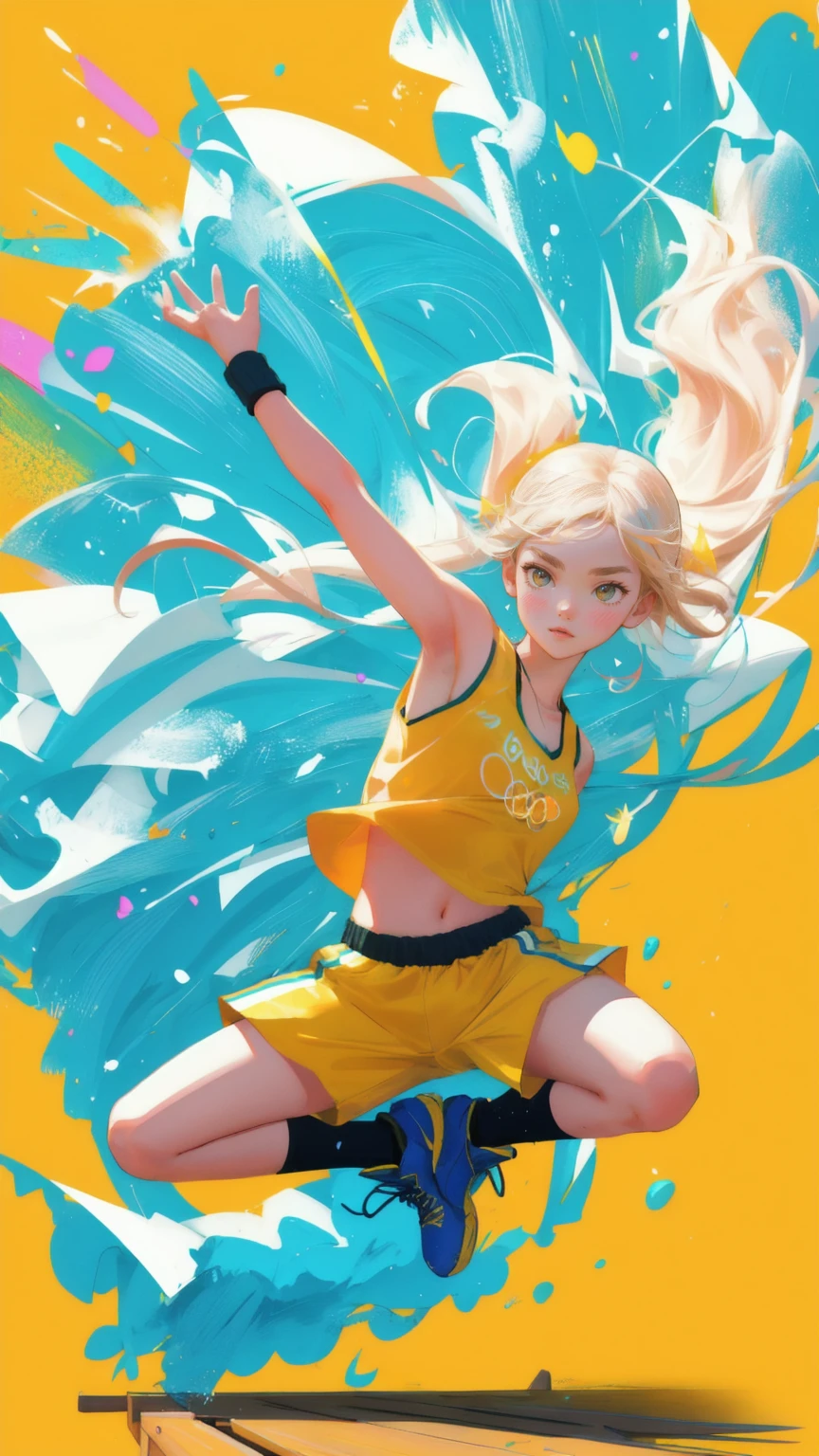 A beautiful cute girl dressed in a bright yellow athletic outfit, running energetically while holding a wooden crate labeled 'HODL.' The scene is set against a vibrant yellow background with elements representing the 'HODL Olympics,' such as abstract symbols of strength, speed, and endurance. The girl appears determined and focused, with her hair flowing behind her, in a dynamic pose that captures the spirit of competition and perseverance. The style should be colorful and energetic, inspired by modern sports illustrations.