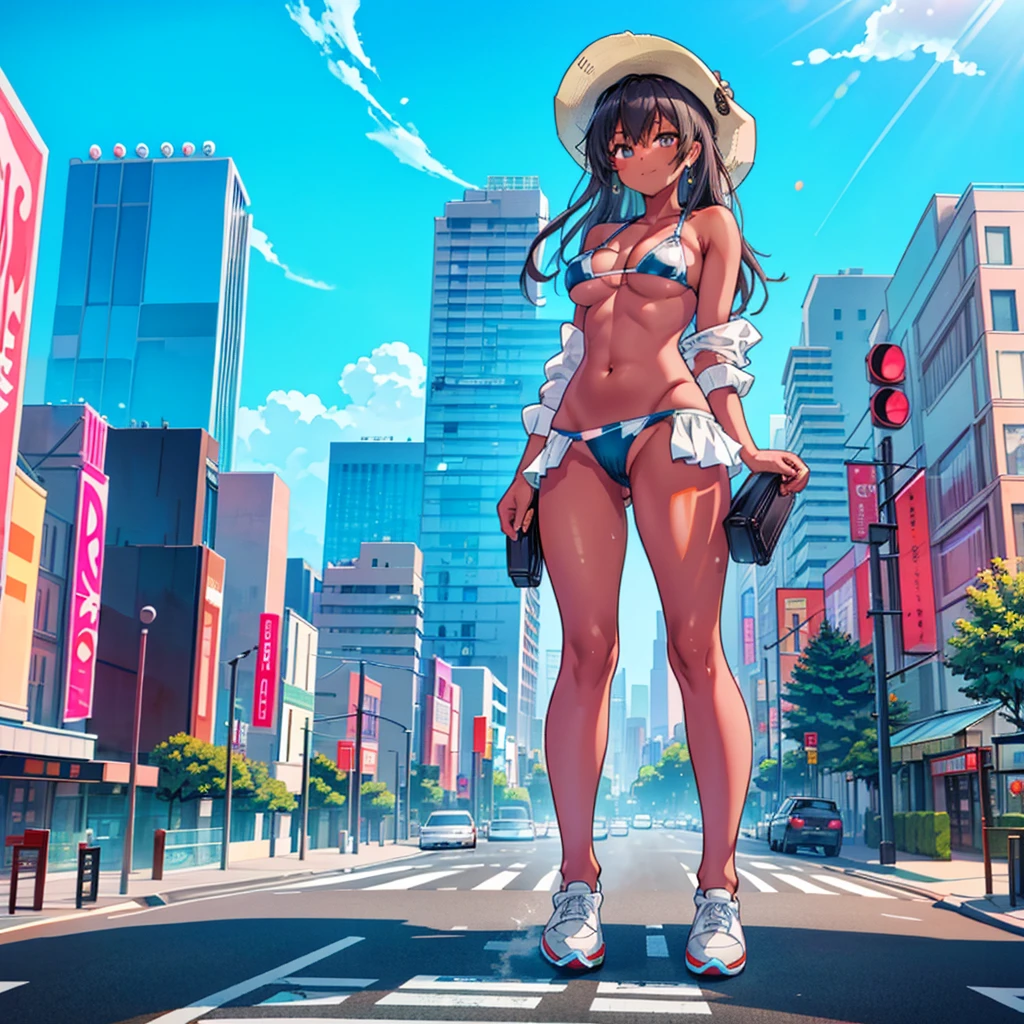 Composition seen from below Blue sky, thunderclouds, sunlight, masterpiece Anime-style delicate painting 4K 90's Huge Multiple crowds Crowd in a big city Many people ((Giant high school girl standing on the road)) ((((Bikini) Swimsuit)) ) ((Straw hat)) ((Tanned skin)) ((Dark skin)) ((Big city)), ((Tokyo Akihabara Electric Town)), Big breasts, High school girl, Transparent costume, Lots of sweat, Water splash, sneakers, watch, black hair, smile, Female Titan Titan girl full body crowd Unreal Engine, cleavage, image, earrings, cute photo, beauty, analog style, full body, sneakers, GTS, Giant Female Titan, building cleavage A girl in a skyscraper district, a big city, a GTS, a giant female giant,