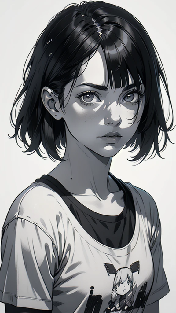 1 boyish girl, solo, sharp eyes, monochrome, greyscale, short black hair, portrait, white T-shirt, closed mouth, looking at viewer, graphite \(medium\), detailed lips, hatching \(texture\), without makeup, bangs, upper body, (best illustration), (best quality), (very detailed), (masterpiece), expressionless,