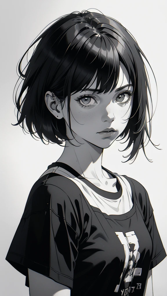 1 boyish girl, solo, sharp eyes, monochrome, greyscale, short black hair, portrait, white T-shirt, closed mouth, looking at viewer, graphite \(medium\), detailed lips, hatching \(texture\), without makeup, bangs, upper body, (best illustration), (best quality), (very detailed), (masterpiece), expressionless,