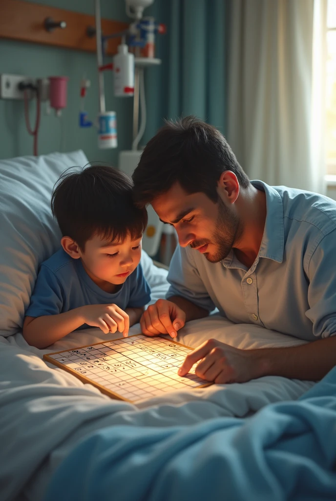 A father teaching his son (in a hospital bed) to play soduko