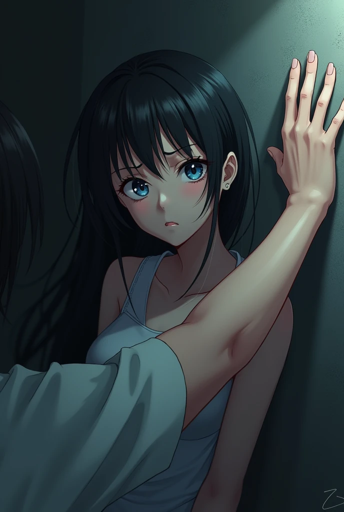 can you make anime girl pinned against the wall with her hand holded up from the pinner pov