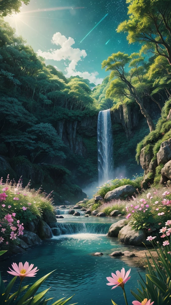 Viral anime nature wallpaper in 4K quality, in the style of illustration inspired by Studio Ghibli, depicting a hidden waterfall surrounded by lush greenery, delicate flowers blooming around, and small woodland creatures playing near the water; soft and pastel color temperature, cosmos lighting with stars twinkling in the sky, no human characters, the atmosphere is magical and calming –v 5 –stylize 1000