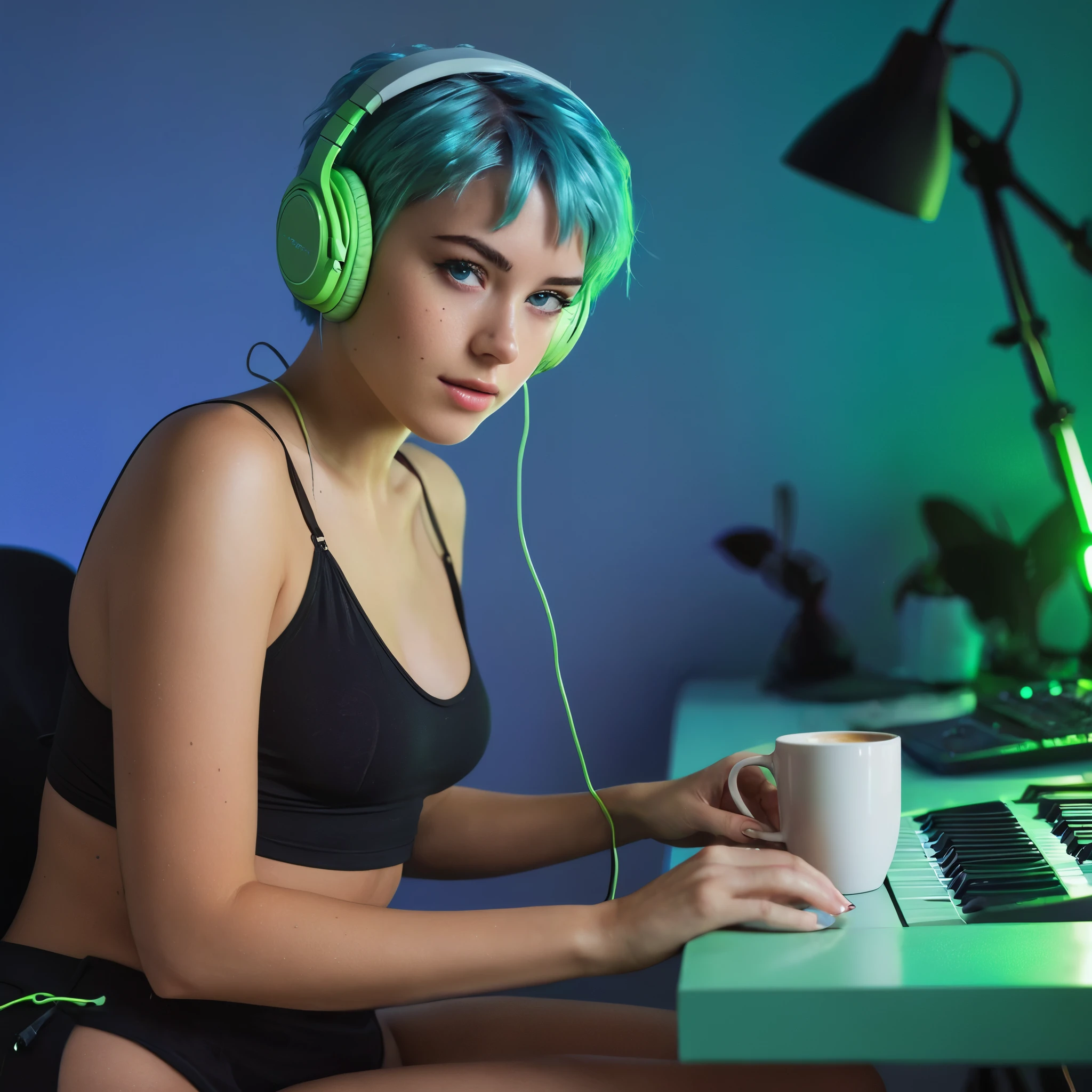 Woman, 20 Years Old, Nordic Ethnicity, short to medium blue hair, perfect face, light freckles, Blue-Green Eyes, (sitting at a sleek, modern music studio setup late at night). (Wearing a stylish, slightly revealing outfit), headphones on, (((cup of coffee on the desk beside her))). ((Dim and moody lighting with soft blue and green neon lights, creating an intimate atmosphere)). (((Deeply focused on the music, fingers lightly resting on a keyboard))), (surrounded by studio equipment). (((Color palette - turquoise, neon green, yellow shades)))