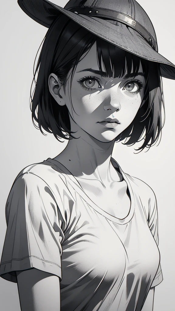 1 boyish girl, solo, sharp eyes, monochrome, greyscale, short black hair, portrait, white T-shirt, closed mouth, looking at viewer, graphite \(medium\), detailed lips, hatching \(texture\), without makeup, bangs, upper body, (best illustration), (best quality), (very detailed), (masterpiece), expressionless,
