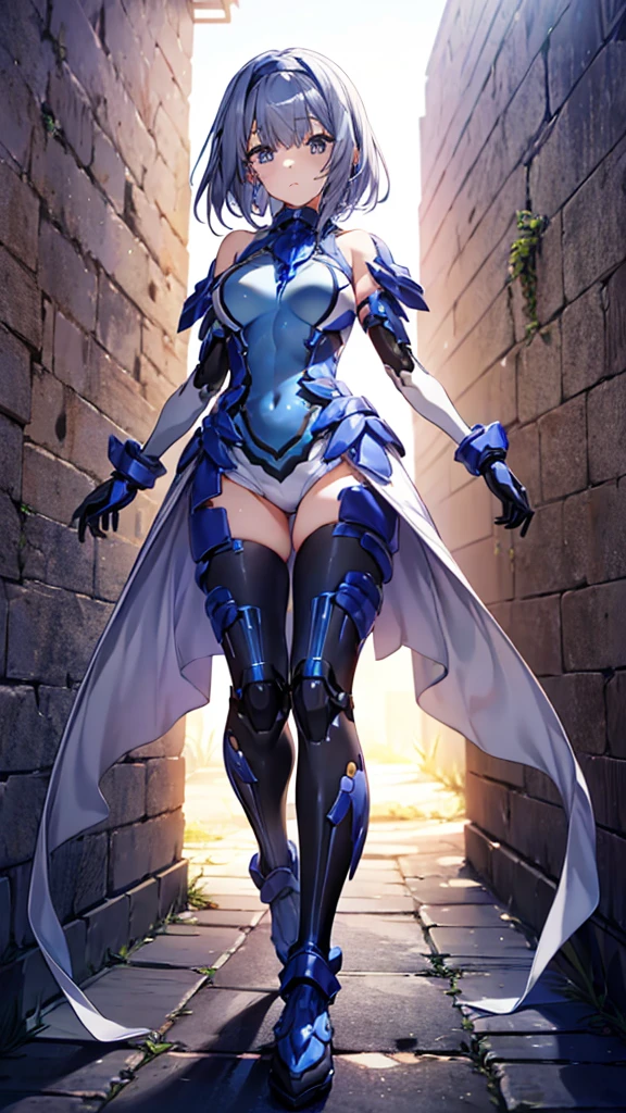 ((full body)),******* Girls in Anime, Blue and grey metal armor, Blue hand and thigh accessories, Short dark blue-gray hair, hair accessory, Grey Eyes, Silver earrings, nose, Curious, Healthy Skin, Very dirty, head, shoulder, Small box, arms, Have a map, Narrow waist, feet, Medium thighs, Has black robotic legs, cute, Bright colors on the shirt, Futuristic marble white palace, Shining light in the sky, Stand next to a wall, Cinematic Light, High resolution, Highest quality, Super detailed, Detailed face, (Detailed eyes), Highest quality, Super detailed, masterpiece, (Detailed face), Beautiful face, feetを見せて, short hair