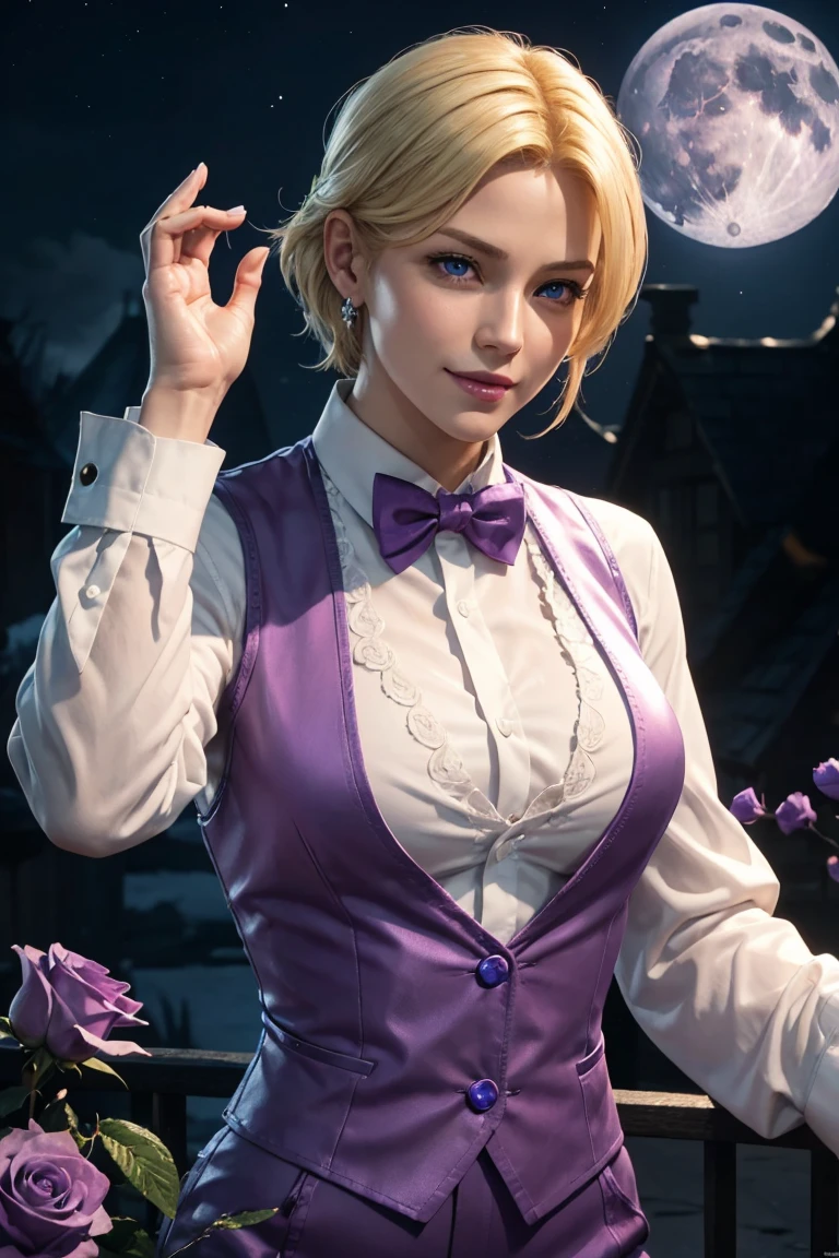 KOF,King of Fighters,King,Blue Eyes,Blonde Hair,Medium Hair,White long shirt,Purple vest,A bow tie,Beautiful white skin,Photorealistic,Ultra HD,high quality,masterpiece,Digital SLR,Detailed details,Intricate details,Anatomical basis,Depicted in detail,A detailed face,Realistic skin texture,Vivid details,Perfect Anatomy,Perfect Anatomy,Anatomically correct hand,Anatomically correct fingers,Super Detail,Complex 3D rendering,Sexy pose,Fantasy worldview,Beautiful Full Moon,,Beautiful night sky,Purple rose petals fluttering,Picturesque,Pink Lips,smile,