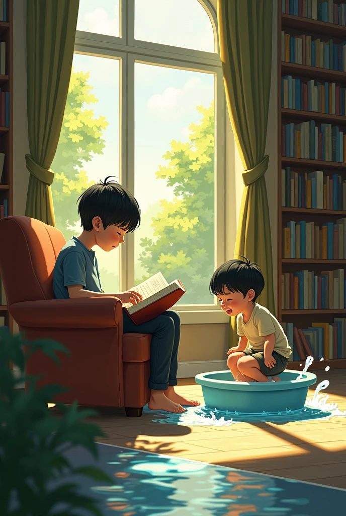 Two brothers are in a peaceful library setting. One brother is sitting on a comfortable chair, engrossed in reading a novel, while the other brother is joyfully playing with water in a small die pool nearby. The scene is calm and serene, with soft sunlight filtering through the trees, highlighting the contrast between the quiet reader and the playful sibling splashing water.