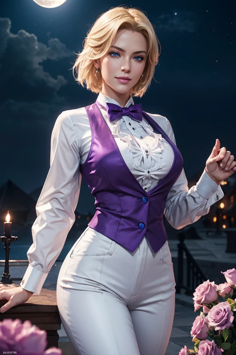 KOF,King of Fighters,King,Blue Eyes,Blonde Hair,Medium Hair,White long shirt,Purple vest,A bow tie,Beautiful white skin,Photorealistic,Ultra HD,high quality,masterpiece,Digital SLR,Detailed details,Intricate details,Anatomical basis,Depicted in detail,A detailed face,Realistic skin texture,Vivid details,Perfect Anatomy,Perfect Anatomy,Anatomically correct hand,Anatomically correct fingers,Super Detail,Complex 3D rendering,Sexy pose,Fantasy worldview,Beautiful Full Moon,,Beautiful night sky,Purple rose petals fluttering,Picturesque,Pink Lips,smile,