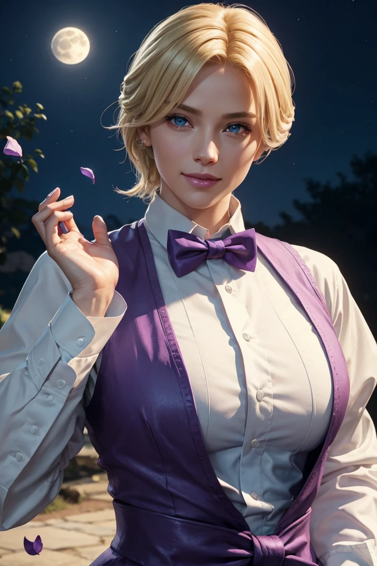 KOF,King of Fighters,King,Blue Eyes,Blonde Hair,Medium Hair,White long shirt,Purple vest,A bow tie,Beautiful white skin,Photorealistic,Ultra HD,high quality,masterpiece,Digital SLR,Detailed details,Intricate details,Anatomical basis,Depicted in detail,A detailed face,Realistic skin texture,Vivid details,Perfect Anatomy,Perfect Anatomy,Anatomically correct hand,Anatomically correct fingers,Super Detail,Complex 3D rendering,Sexy pose,Fantasy worldview,Beautiful Full Moon,,Beautiful night sky,Purple rose petals fluttering,Picturesque,Pink Lips,smile,