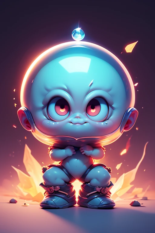 Create a monster image, a small, big-headed, baby monster.. The body is transparent and can be seen through. The image is sharp and detailed., with beautiful colors.. With arms, leg, eyes, mouth, พื้นหลังสีlegว
