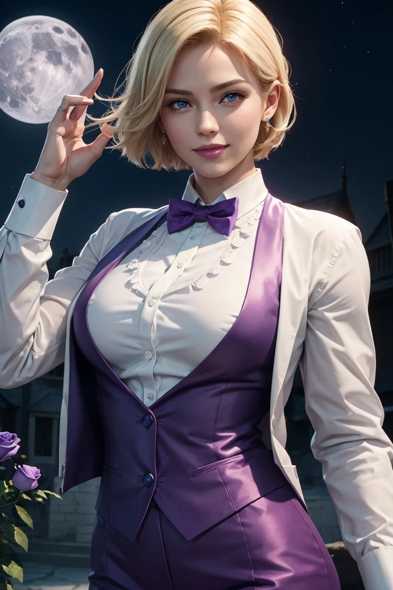 KOF,King of Fighters,King,Blue Eyes,Blonde Hair,Medium Hair,White long shirt,Purple vest,A bow tie,Beautiful white skin,Photorealistic,Ultra HD,high quality,masterpiece,Digital SLR,Detailed details,Intricate details,Anatomical basis,Depicted in detail,A detailed face,Realistic skin texture,Vivid details,Perfect Anatomy,Perfect Anatomy,Anatomically correct hand,Anatomically correct fingers,Super Detail,Complex 3D rendering,Sexy pose,Fantasy worldview,Beautiful Full Moon,,Beautiful night sky,Purple rose petals fluttering,Picturesque,Pink Lips,smile,