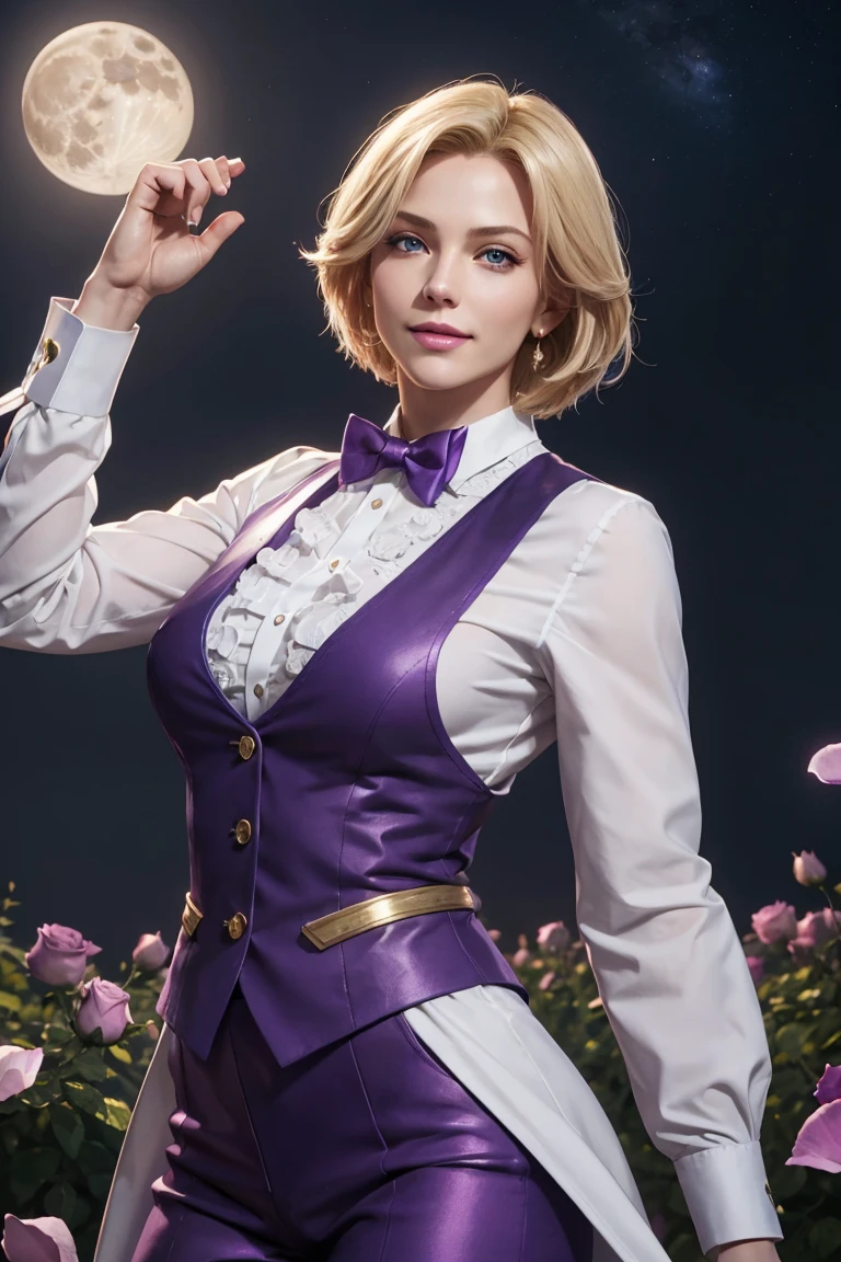 KOF,King of Fighters,King,Blue Eyes,Blonde Hair,Medium Hair,White long shirt,Purple vest,A bow tie,Beautiful white skin,Photorealistic,Ultra HD,high quality,masterpiece,Digital SLR,Detailed details,Intricate details,Anatomical basis,Depicted in detail,A detailed face,Realistic skin texture,Vivid details,Perfect Anatomy,Perfect Anatomy,Anatomically correct hand,Anatomically correct fingers,Super Detail,Complex 3D rendering,Sexy pose,Fantasy worldview,Beautiful Full Moon,,Beautiful night sky,Purple rose petals fluttering,Picturesque,Pink Lips,smile,