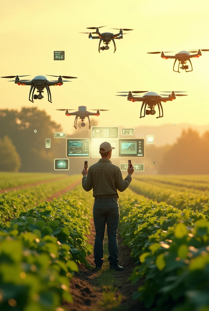 Smart farming height 27 .21cm and width 50.83 cm . It should be electronics related more realistic with an more yellowish shade give an image in specified height and width. Image should contain a human who works on field with help of drones and electronics . And should have a monitoring system