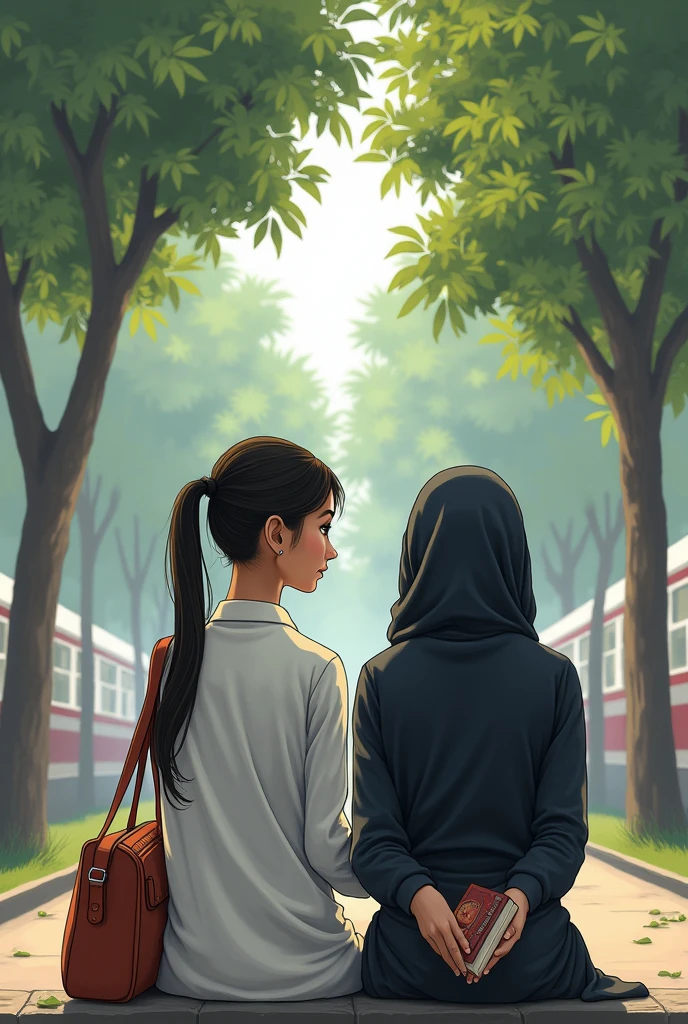 In pakistan A girl in a pony tail with her college bag and in her uneversity uniform white suit salwar  sitting on a bench at bus station waiting for the bus  . the place is not crowded and there are trees she has only one bag that is for her books. A South African black girl with hijab on  sat with with her holding a closed book in her both hands . make hijabi girL skin colour black