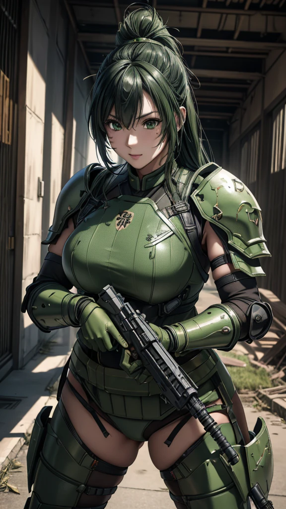 ８ｋ,Realistic skin texture、Surrealism、Realistic photos、A futuristic Japanese female soldier stands among the ruins、Damaged moss green metal armor、Armor with skull markings painted on it、Unit livery and identification number、peeling paint、Grease stains、energy rifle、fight、Detailed description、dynamic poses
