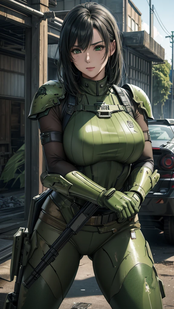 ８ｋ,Realistic skin texture、Surrealism、Realistic photos、A futuristic Japanese female soldier stands among the ruins、Damaged moss green metal armor、Armor with skull markings painted on it、Unit livery and identification number、peeling paint、Grease stains、energy rifle、fight、Detailed description、dynamic poses
