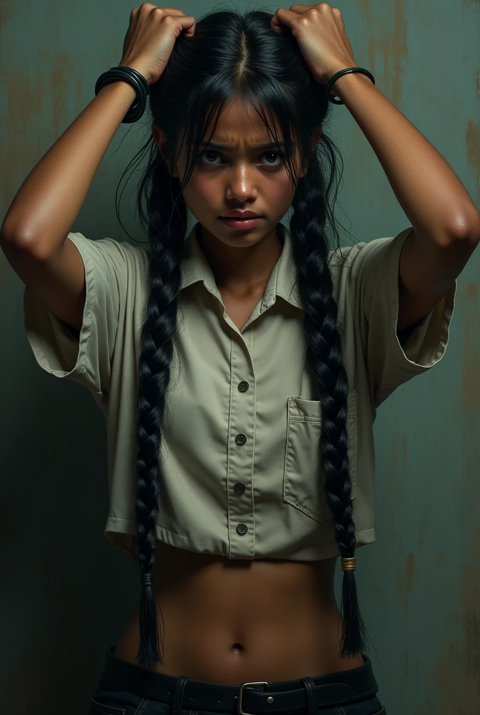 realistic indian teen school girl skimpy school uniform , shows hair. dark skin hurt face, teen beautiful, black braided long hair, crying and very (hurting) ((painful expression)), full body, hands bound above head eyes down slave full in body, wear ONLY very short soaking wet black skirt