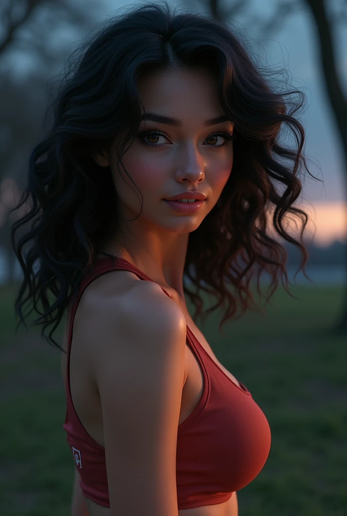 1girl, (extremely intricate:1.2),, finely detailed face, extremely detailed face, pale skin, black_hair, sexy, curvy hair, black long hair, large breast, high quality, best quality, realistic, ultra realistic, photorealistic, beautiful delicate eyes, highest quality, highres, detailed eyes, highest resolution, (exquisitely detailed skin), light smile, curvy, calm lighting, perfectly drawn eyes, (((in a park, sexy modern black nike clothes, night view, sweat, sweating, thigh expose, good hands)))), ((wet)), showing boobs, large breasts, long hair, ((navel)),kissing pose