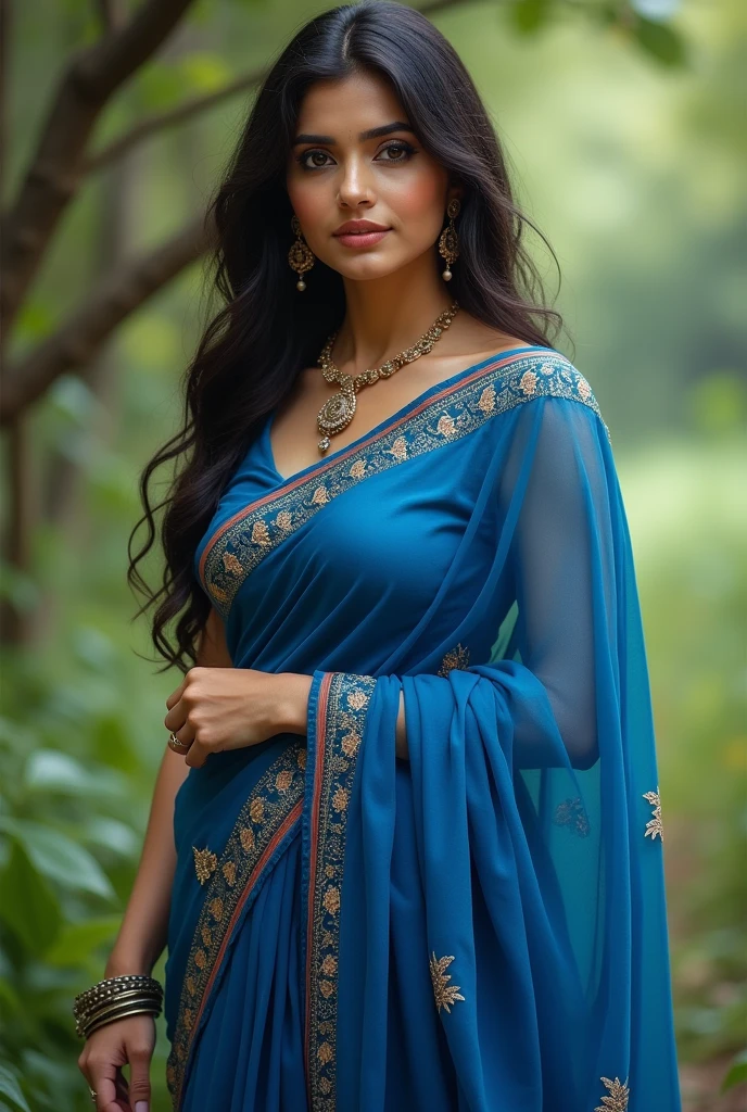 Indian women realistic face detailed, blue saree, big breasts , over belly, standing in nature 8k detailed