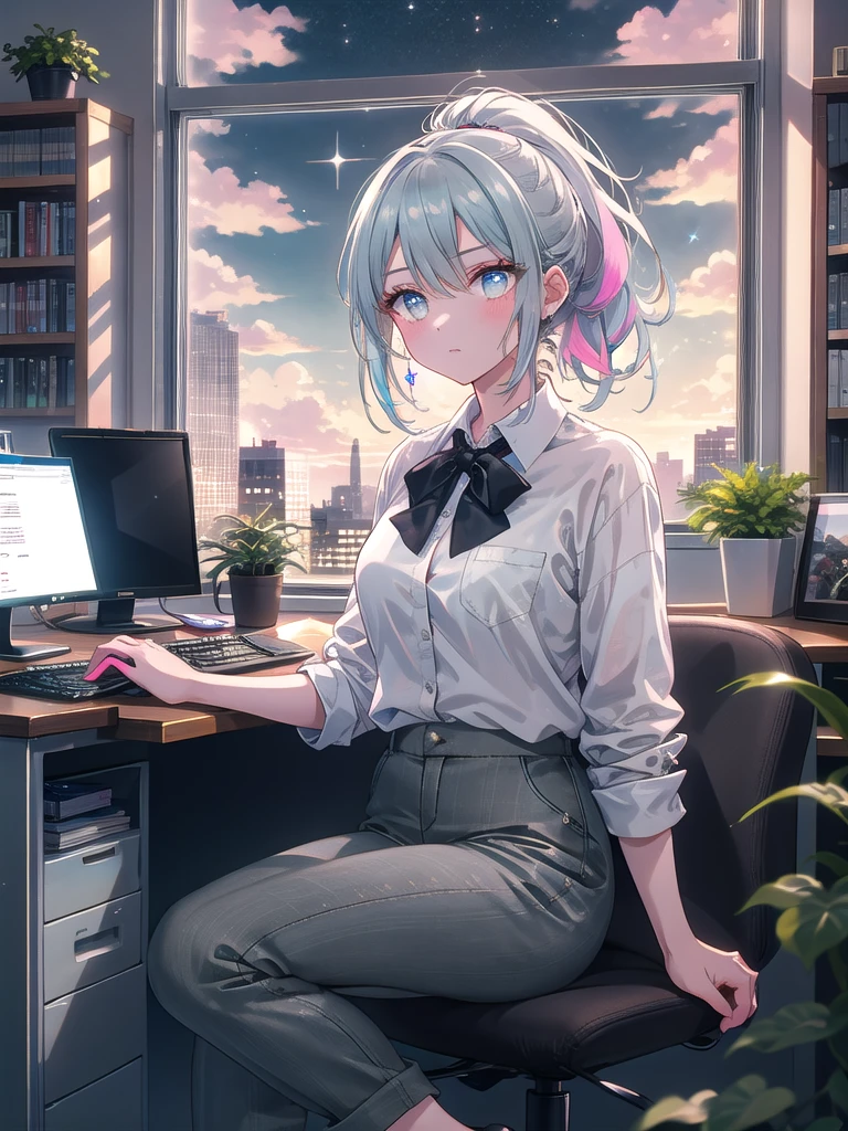 ((8k, Highest quality, masterpiece: 1.3)),Ultra-high resolution,(1 girl, alone), (Color changing eyes, Ultra-detailed, Expressive brilliance, Glitter, Glowing Eyes), Highly detailed eyes, Highly detailed face, Random Hair, ((pastel colour))The woman is working at her company office desk, surrounded by a typical corporate environment with white walls, glass partitions, and modern office furniture. Her desk has a dual monitor setup, a keyboard, a coffee mug, a small potted plant, and neatly stacked documents. Behind her, there’s a large bookshelf filled with binders and a window showing a cityscape with tall buildings under a cloudy sky. She’s dressed in a light blue blouse, tucked into dark grey trousers, with black ballet flats. Her hair is in a neat ponytail, and she looks at the camera with a focused, determined expression as she types on her keyboard.
