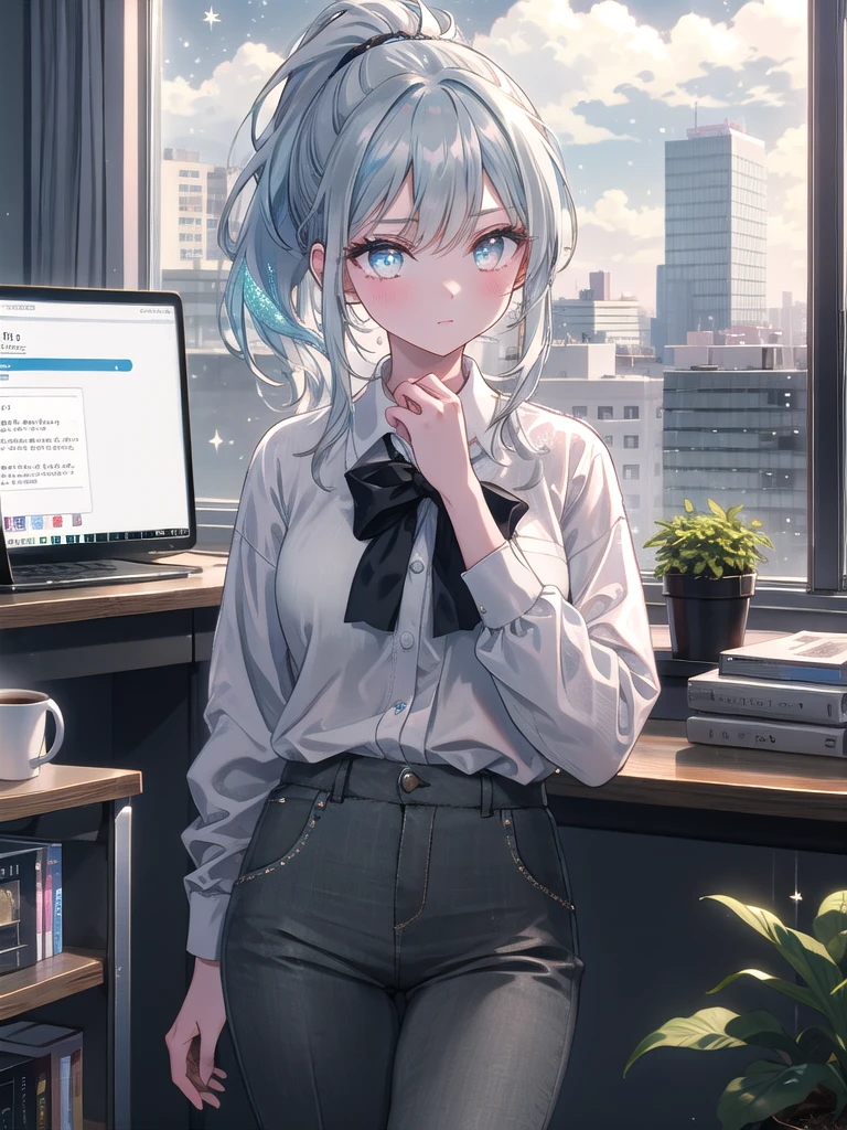 ((8k, Highest quality, masterpiece: 1.3)),Ultra-high resolution,(1 girl, alone), (Color changing eyes, Ultra-detailed, Expressive brilliance, Glitter, Glowing Eyes), Highly detailed eyes, Highly detailed face, Random Hair, ((pastel colour))The woman is working at her company office desk, surrounded by a typical corporate environment with white walls, glass partitions, and modern office furniture. Her desk has a dual monitor setup, a keyboard, a coffee mug, a small potted plant, and neatly stacked documents. Behind her, there’s a large bookshelf filled with binders and a window showing a cityscape with tall buildings under a cloudy sky. She’s dressed in a light blue blouse, tucked into dark grey trousers, with black ballet flats. Her hair is in a neat ponytail, and she looks at the camera with a focused, determined expression as she types on her keyboard.