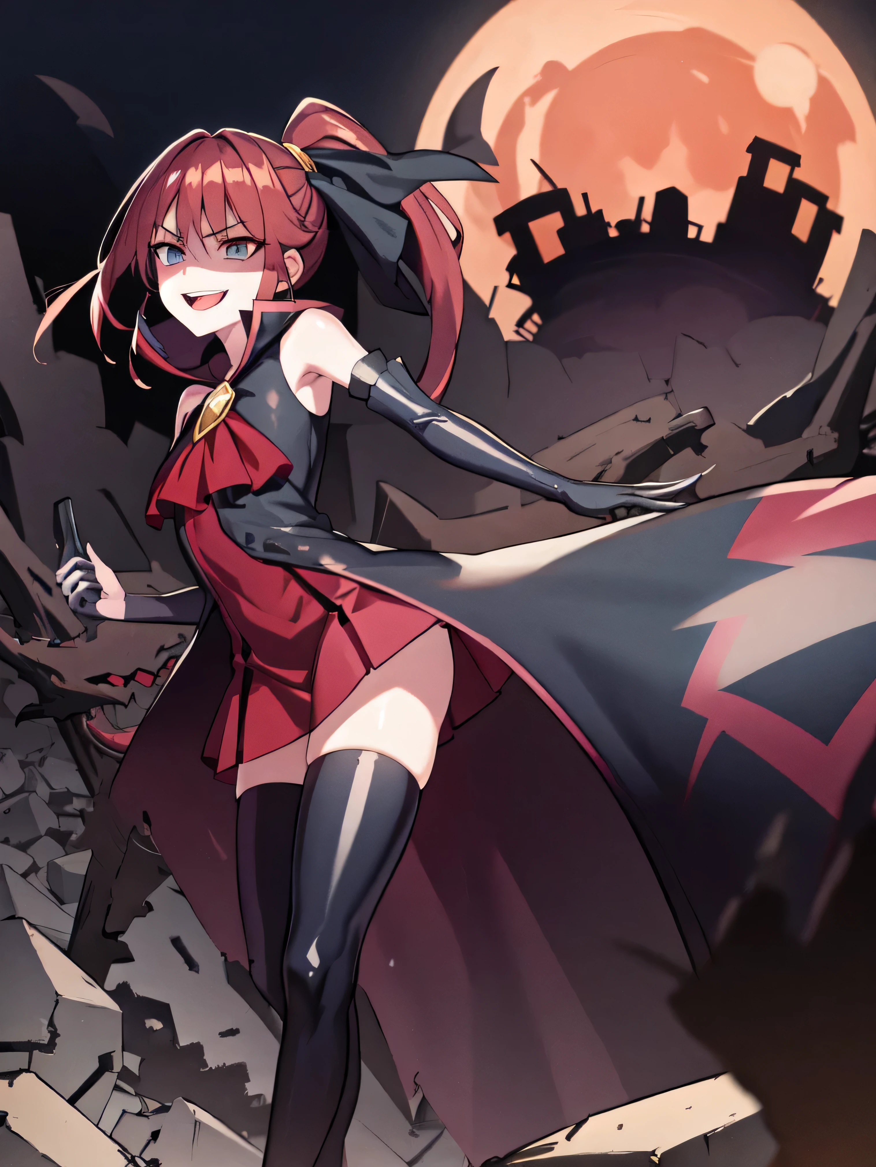Highest quality, masterpiece, One Girl,Not beautiful, Red Ponytail, Long dress, brooch, Hair Ribbon, Black knee socks, Standing on the rubble, , ,,Dark shadow face,Sadistic laugh,,Malice,Contempt,smile,latex,Bad face,,Red Skirt,both hands,Two legs,Five Fingers,Evil background,Elbow fullgloves,shiny latex,evil laugh, Debish Aura (Shiny fabric:1.5),Dark world background,solo,Decorated with skulls. background, A mountain of skulls beneath ((Creepy)full moon)