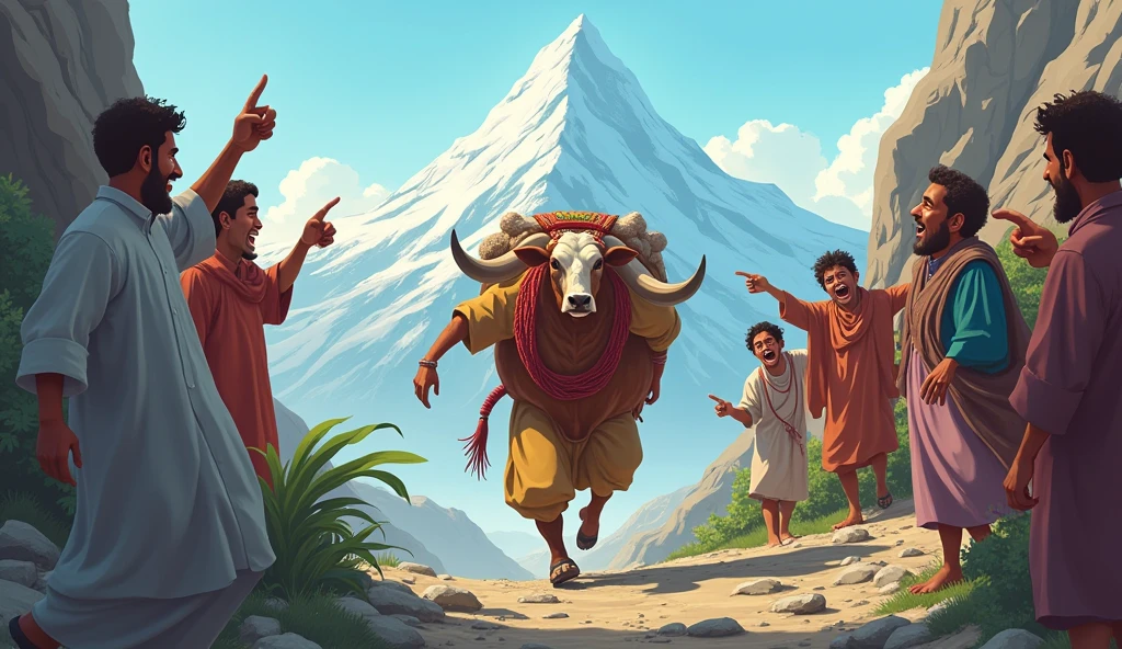 Animated image of people laughing at a Muslim man carrying a cow on a mountain