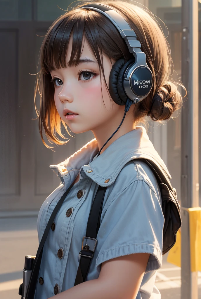 One girl, solo, High resolution, Simple Background, Close your mouth, Impressionism, masterpiece, headphone、Listening to music、