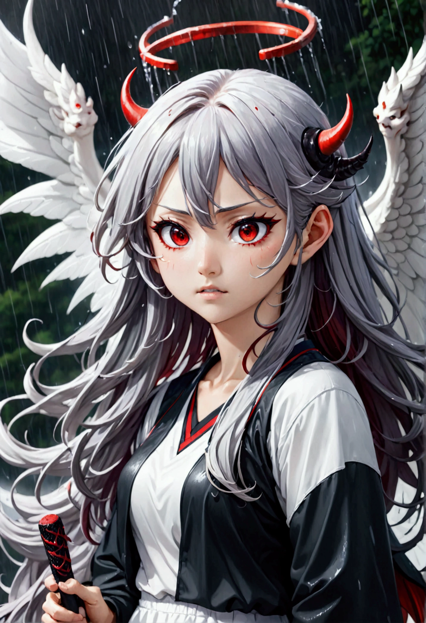 (8k, Highest quality, Manga style, View your viewers, Intricate details:1.3),(One person, Ingrid, ２Demon horns in the book, Multicolored Hair, Long Hair, Red eyes, Gray Hair), (Six alternating white angel wings and black devil wings:1.3), (China dress, See-through, Sweating, Full body portrait, Being hit by rain, Soaking wet)